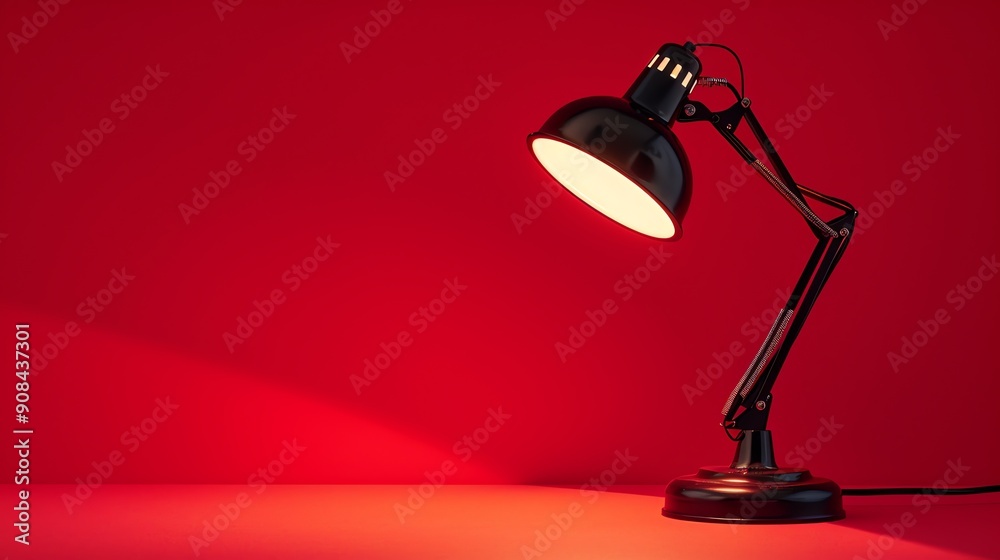 A black desk lamp with a white shade lit up against a red background. A black desk lamp with a white shade lit up against a red background.