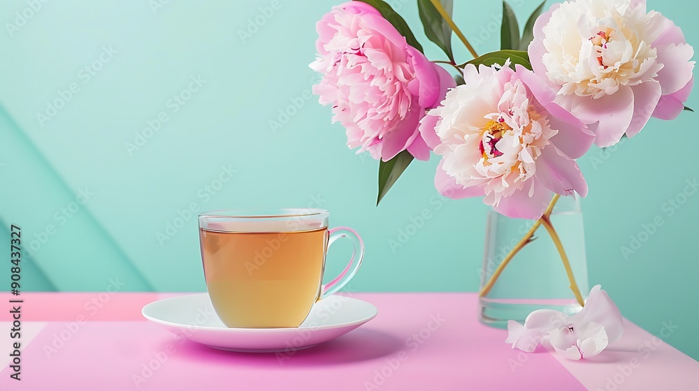 A cup of tea and peonies in a vase isolated on colorful background A cup of tea and peonies in a vase isolated on colorful background