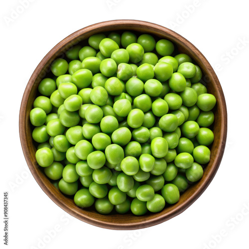 Peas in a bowl on white bowl top view isolated on transparent background