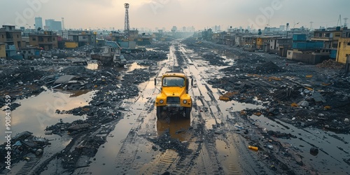 Truck driving through a garbage-filled road