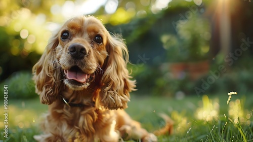 A front view shot of a cute fluffy cocker spaniel dog playing in the garden