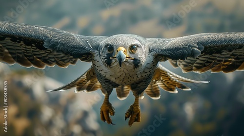 Falcon in flight with outstretched wings hovering over mountainous region photo