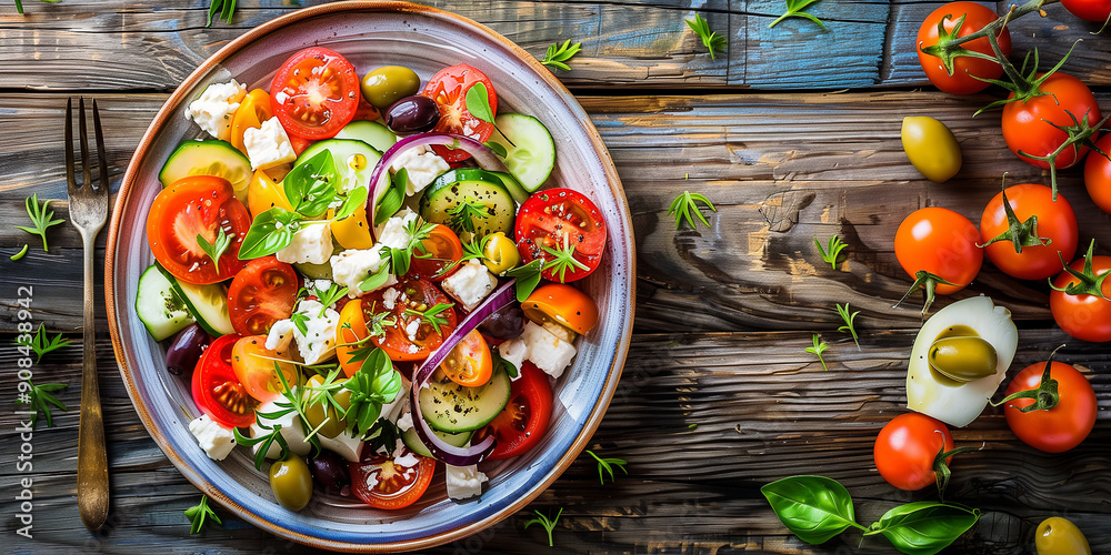 Mediterraner Salat. Griechischer Bauernsalat mit Schafskäse Oliven ...