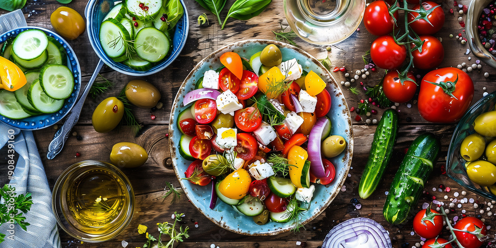 Mediterraner Salat. Griechischer Bauernsalat mit Schafskäse Oliven ...