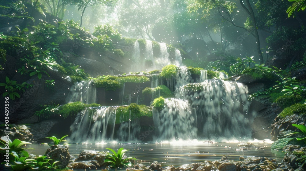 Serene Waterfall in a Lush Rainforest Serene Waterfall in a Lush Rainforest