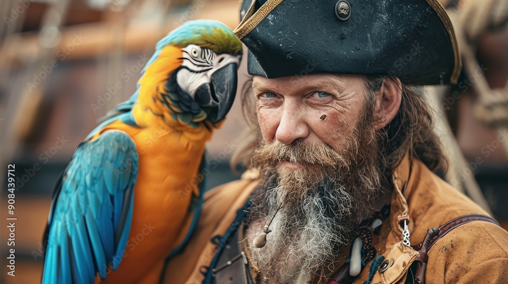 Fototapeta premium A pirate wearing a hat and looking at the camera, with a blue and yellow macaw parrot on his shoulder.