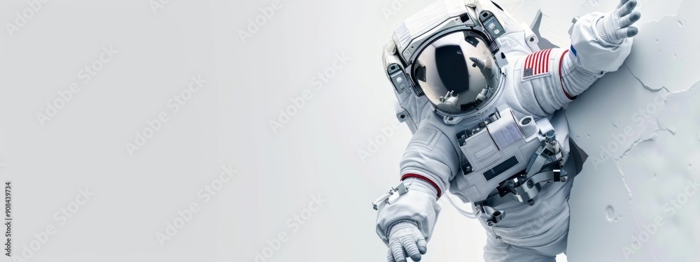 An Astronaut Breaking Through a white Background. Creative Banner Design with Blank Copyspace for Custom Advertising and Messaging An Astronaut Breaking Through a white Background. Creative Banner Design with Blank Copyspace for Custom Advertising and Messaging