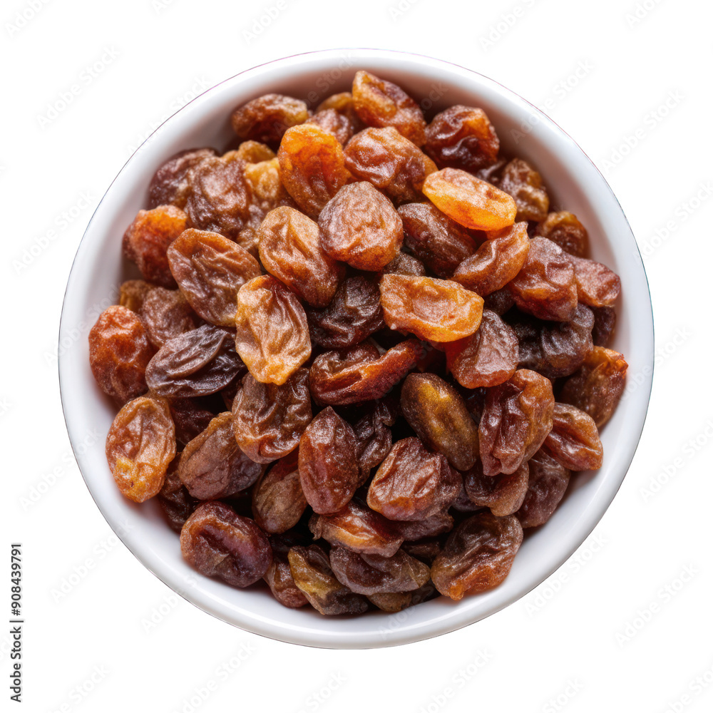Raisins on white bowl top view isolated on transparent background Raisins on white bowl top view isolated on transparent background