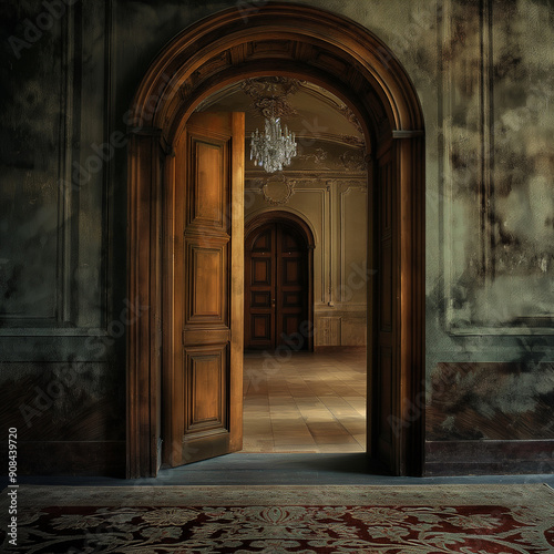 doorway leading to a room with a chandelier and a carpet