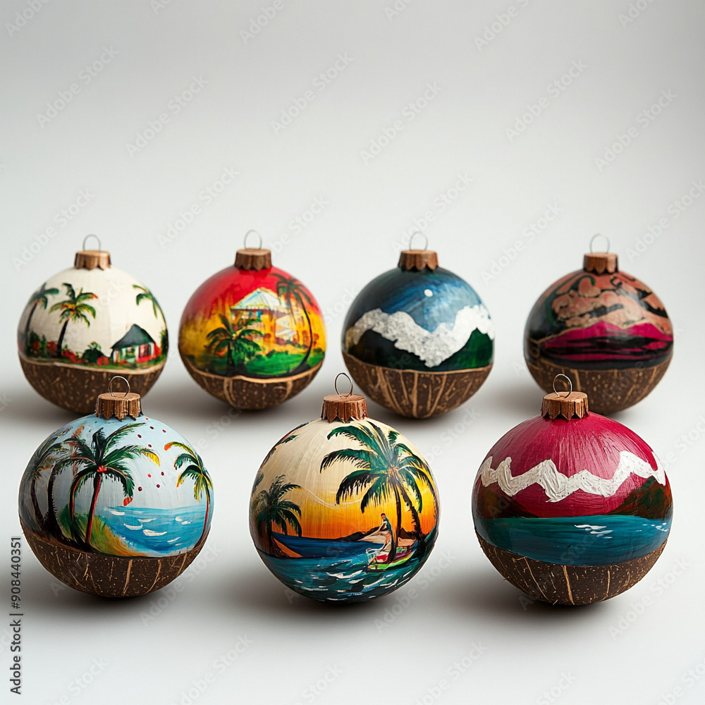 Hand-painted coconut shell ornaments isolated on a white background Hand-painted coconut shell ornaments isolated on a white background