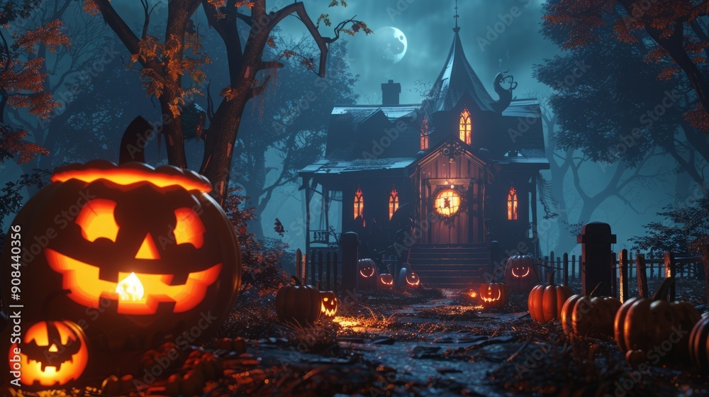 A spooky Halloween scene with a haunted house and jack-o'-lanterns glowing in the moonlight. A spooky Halloween scene with a haunted house and jack-o'-lanterns glowing in the moonlight.