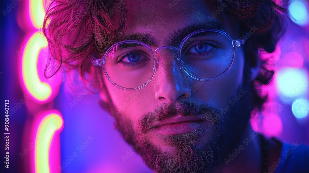Close-up Portrait of Man in Neon Light, Futuristic and Stylish, Nightlife Vibes, Pink and Blue Color Palette Close-up Portrait of Man in Neon Light, Futuristic and Stylish, Nightlife Vibes, Pink and Blue Color Palette