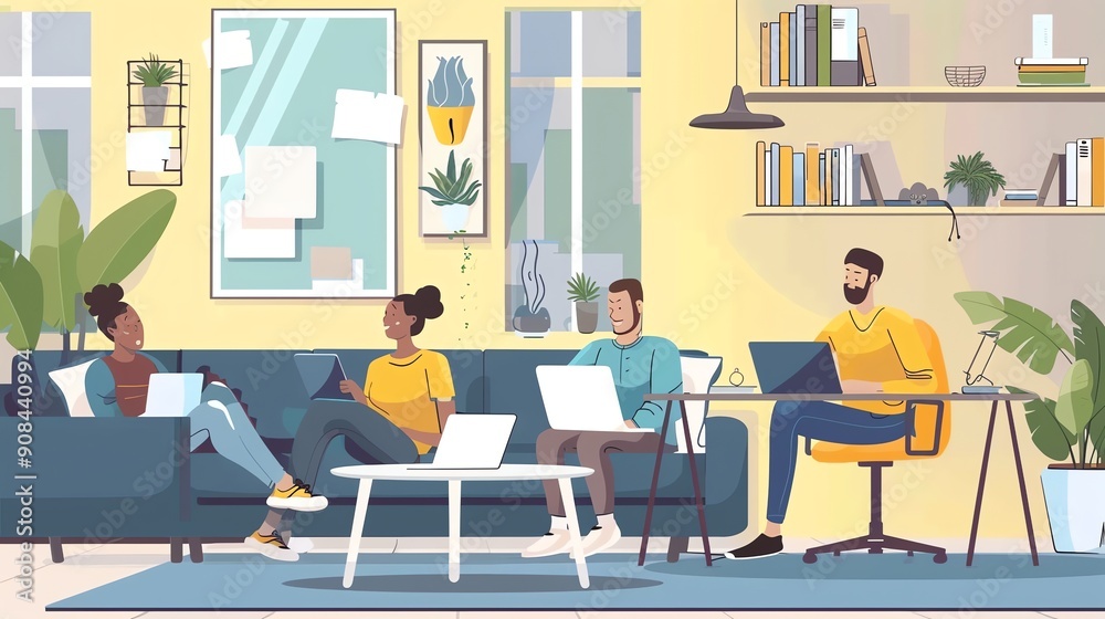 A group of people working together in a casual office setting. A group of people working together in a casual office setting.
