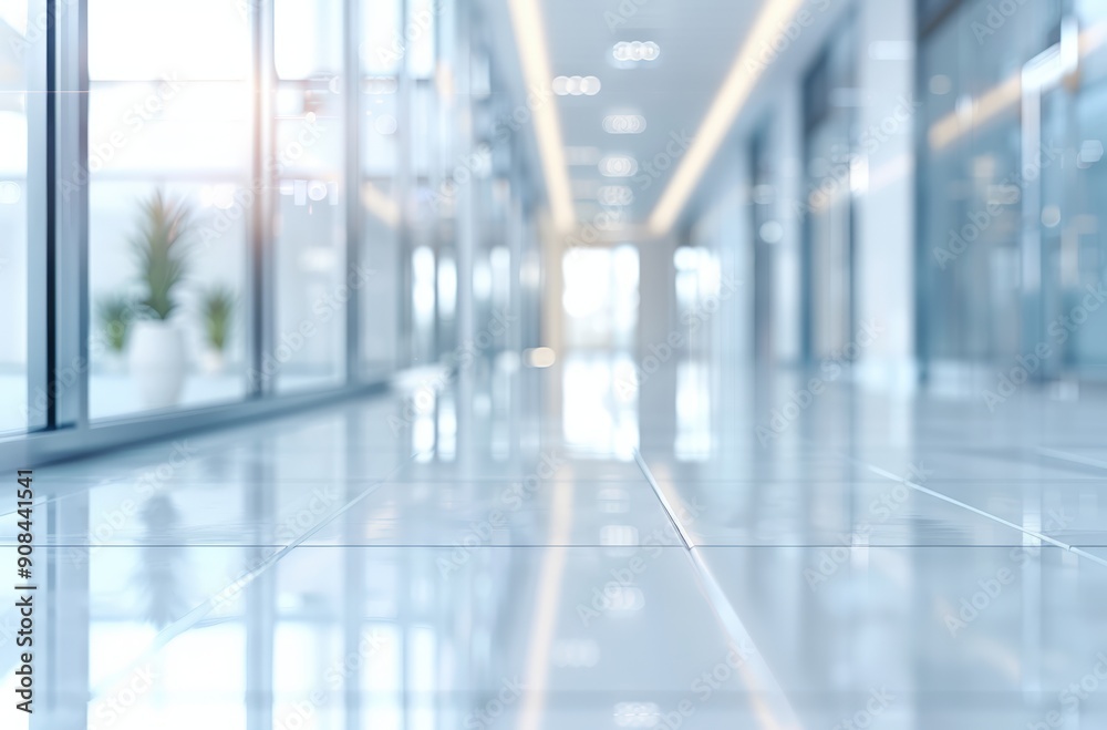 Modern office hallway with glass walls and shiny floor tiles, bathed in soft natural light, creating a professional and clean atmosphere. Modern office hallway with glass walls and shiny floor tiles, bathed in soft natural light, creating a professional and clean atmosphere.