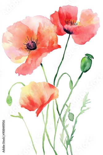 Beautiful watercolor illustration of vibrant poppy flowers in warm hues, perfect for art and nature enthusiasts.