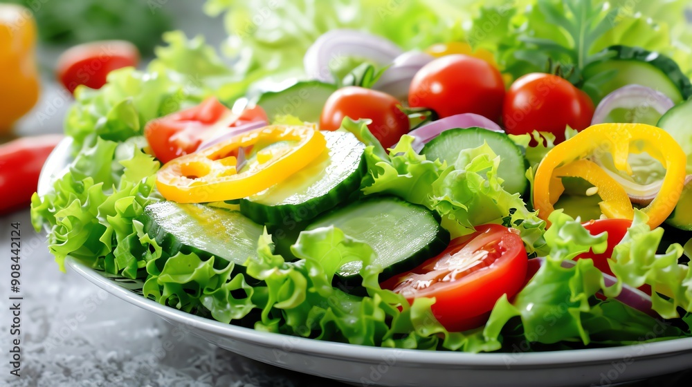 A fresh salad with lettuce, tomato, cucumber, and bell pepper. A fresh salad with lettuce, tomato, cucumber, and bell pepper.