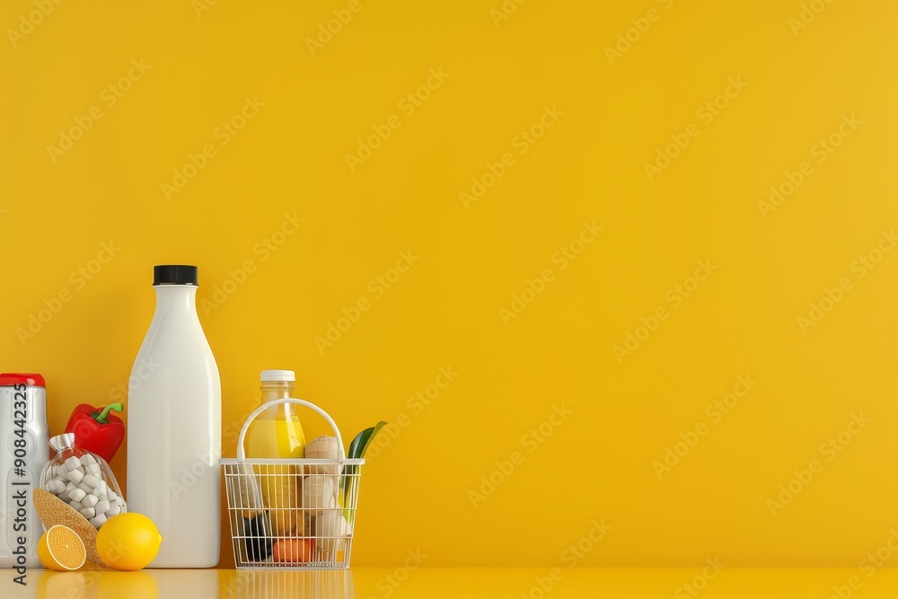 3D render of a long grocery shopping list with food items in the basket on a yellow background 3D render of a long grocery shopping list with food items in the basket on a yellow background