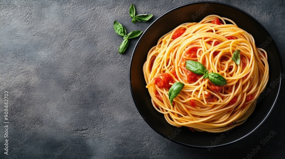 Black bowl of spaghetti pasta with tomato sauce on a grey stone background, top view with close-up details. Black bowl of spaghetti pasta with tomato sauce on a grey stone background, top view with close-up details.