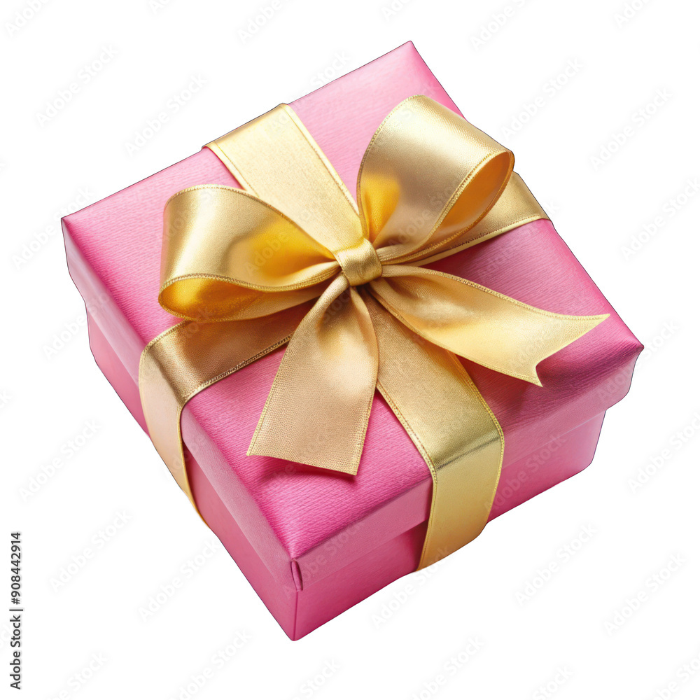 Pink gift box with golden ribbon bow top view on transparent background Pink gift box with golden ribbon bow top view on transparent background