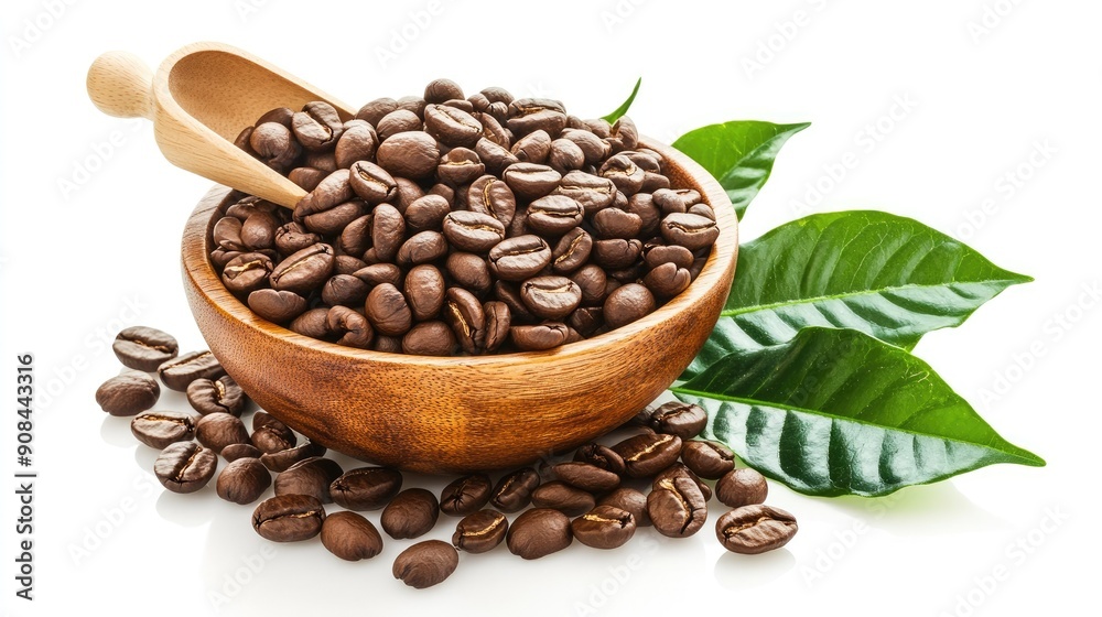 Fototapeta premium Heap of roasted coffee beans in a wooden bowl with a scoop and green leaves, isolated on a clean white background.