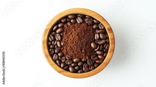 Roasted coffee beans and coffee powder in a wooden bowl, top view on a clean white background. Ideal for coffee-related content.