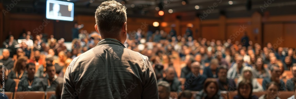 Speaker giving a presentation to a focused audience at a corporate conference Speaker giving a presentation to a focused audience at a corporate conference