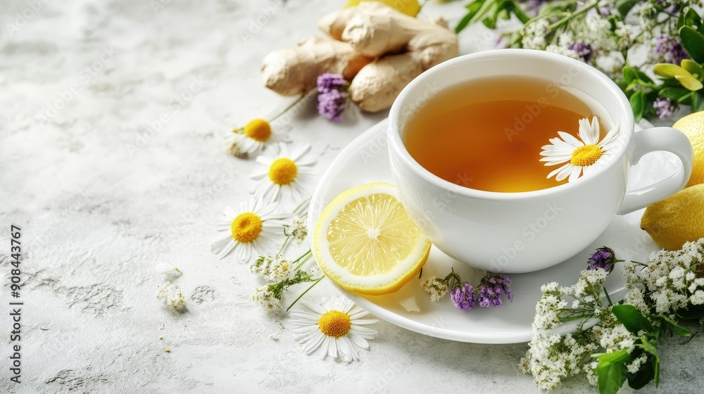 White cup of chamomile tea with lemon, ginger, and dry flowers on a light background. Perfect for a healthy detox. White cup of chamomile tea with lemon, ginger, and dry flowers on a light background. Perfect for a healthy detox.