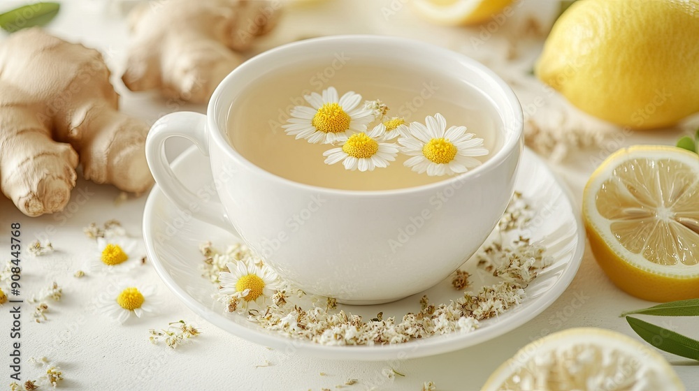White cup of chamomile tea with lemon, ginger, and dry flowers on a light background. Perfect for a healthy detox. White cup of chamomile tea with lemon, ginger, and dry flowers on a light background. Perfect for a healthy detox.