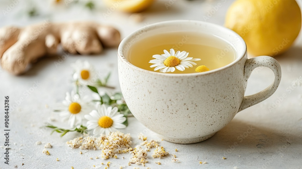 White cup of chamomile tea with lemon, ginger, and dry flowers on a light background. Perfect for a healthy detox. White cup of chamomile tea with lemon, ginger, and dry flowers on a light background. Perfect for a healthy detox.