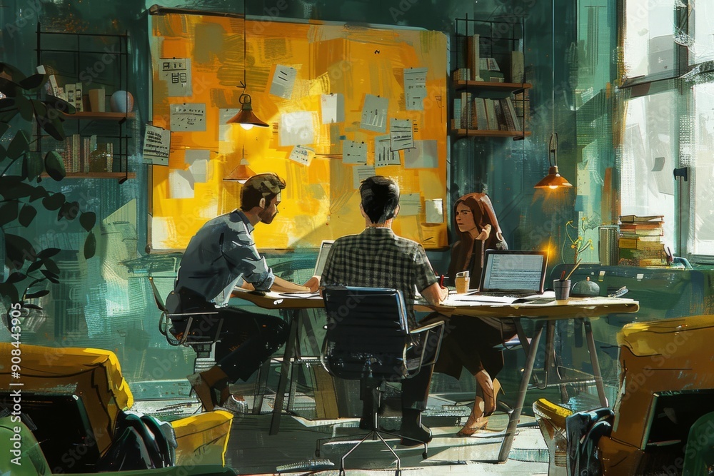 Three Colleagues Working on a Project in a Bright and Cozy Office Space Three Colleagues Working on a Project in a Bright and Cozy Office Space