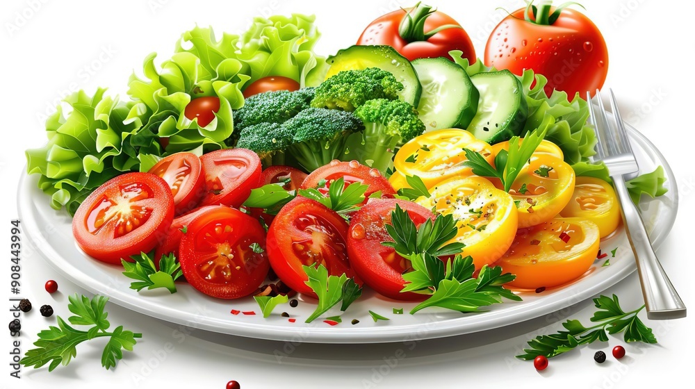 Colorful Salad with Tomatoes, Cucumbers, Broccoli, and Yellow Tomatoes - Illustration Colorful Salad with Tomatoes, Cucumbers, Broccoli, and Yellow Tomatoes - Illustration