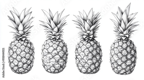 A seasonal pineapple clipart, fruit element, pencil sketch, subtle shading, isolated on white background