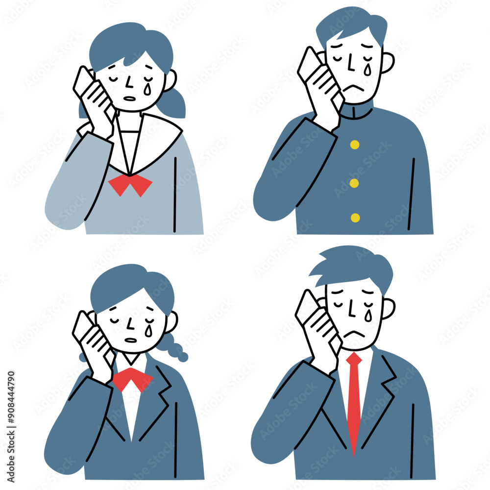 泣きながらスマホで通話する制服を着た男女学生