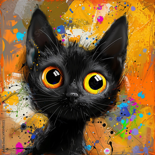 painting of a black cat with yellow eyes and a splattered background