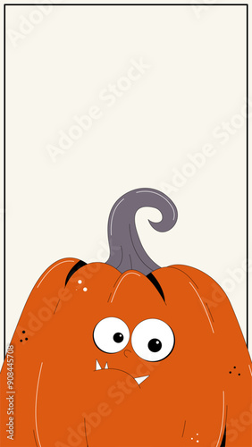 Happy Halloween background for Instagram stories templates in trendy retro style. Social media frame with groovy red character pumpkin. Vector flat illustration