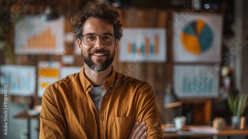 A confident business professional with glasses smiles in an office setting, surrounded by charts and graphs, representing success and analysis.