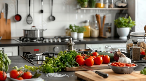 Fresh produce is laid out on a kitchen counter ready for cooking.