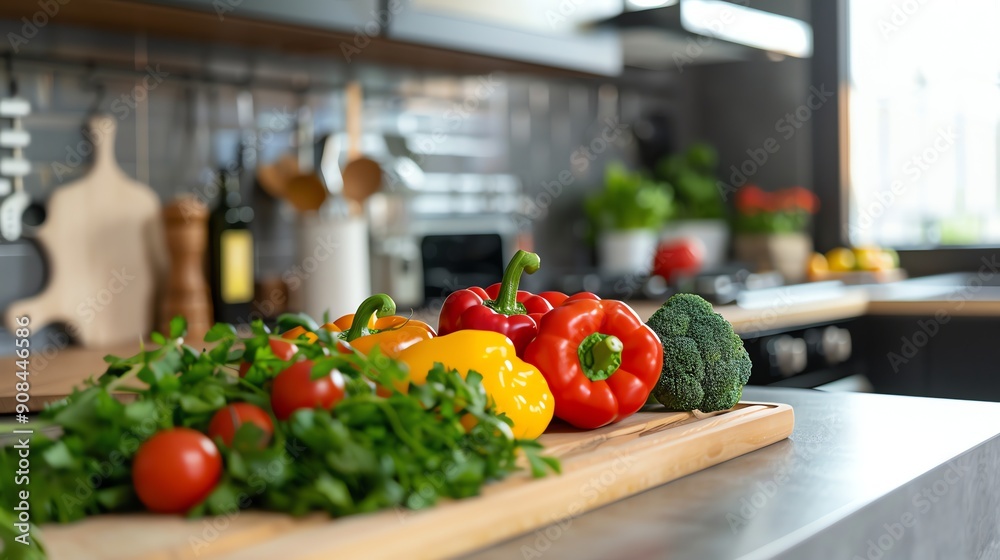 Fresh vegetables on a cutting board in a modern kitchen. Fresh vegetables on a cutting board in a modern kitchen.