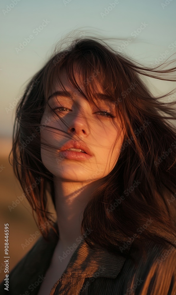 Radiant Sunrise Portrait of a Brunette with Wind-Swept Hair in Pastel Tones Radiant Sunrise Portrait of a Brunette with Wind-Swept Hair in Pastel Tones