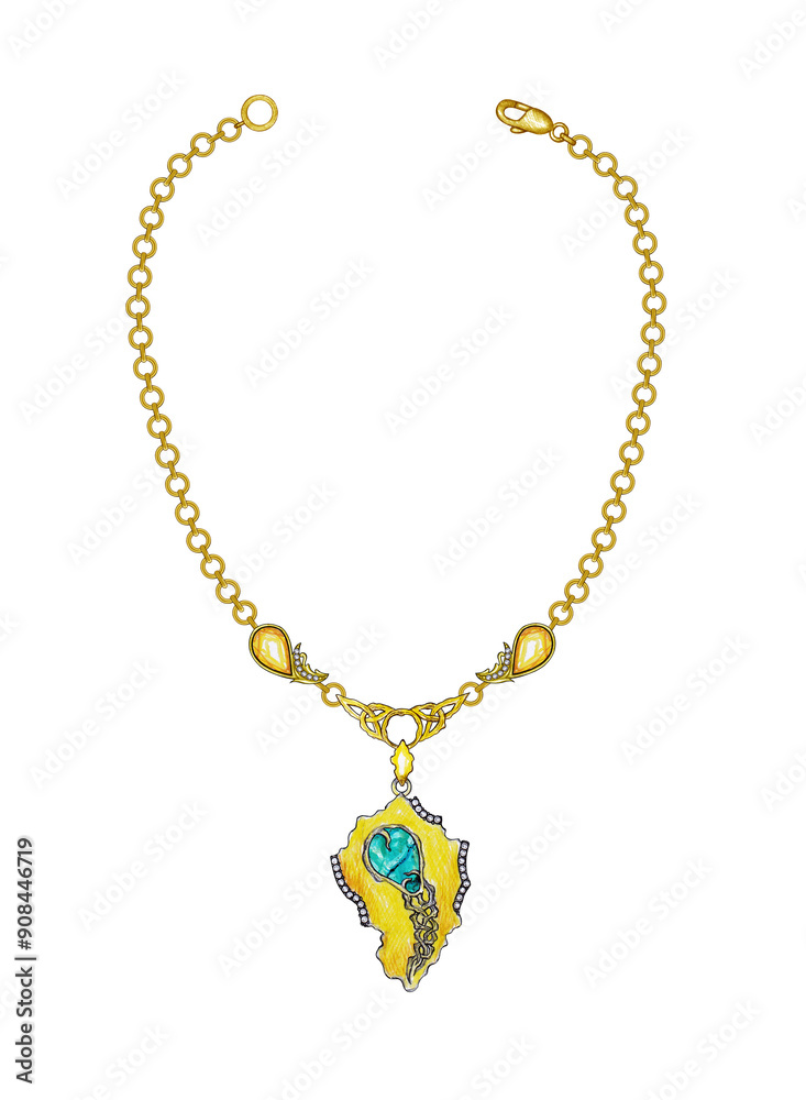 Jewelry design modern art mix celtic gold necklace set with turquoise hand drawing on paper. Jewelry design modern art mix celtic gold necklace set with turquoise hand drawing on paper.