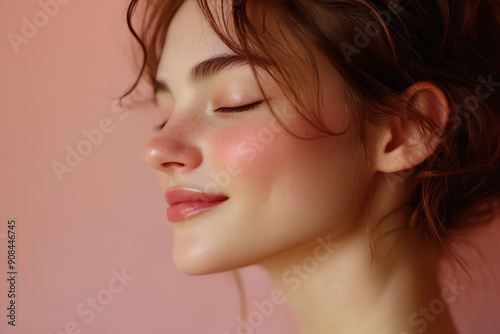 A close up of a girl's face with her eyes closed