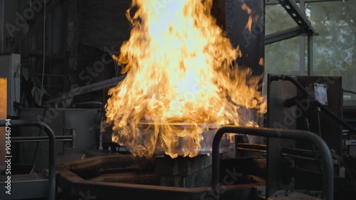 Slow motion of the steel hardening process by heating the metal to critical temperature. Production of metal products. Professional industrial equipment. Manufacturing factory. Heavy industry concept.