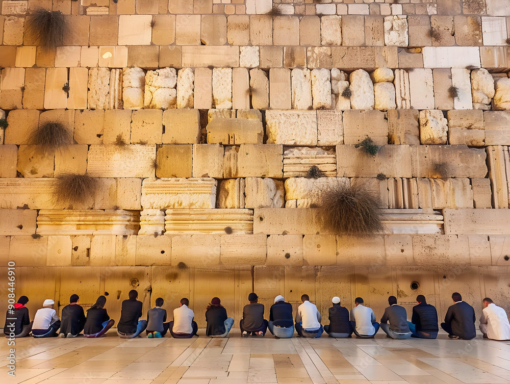 Wall Devote Devoted worshippers gather at the Western Wall in deep prayer, seeking ...