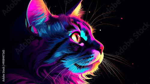 Cat. Beautifull view of  Abstract, neon portrait of a cat looking forward on a purple background .