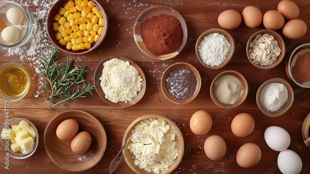 Food Ingredients Photo: Corn, Eggs, Flour, Spices, and More on a Wooden Surface Food Ingredients Photo: Corn, Eggs, Flour, Spices, and More on a Wooden Surface