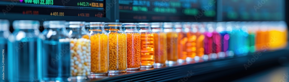Colorful glass vials filled with vibrant liquids lined up on a display, showcasing various shades and textures for scientific themes. Colorful glass vials filled with vibrant liquids lined up on a display, showcasing various shades and textures for scientific themes.