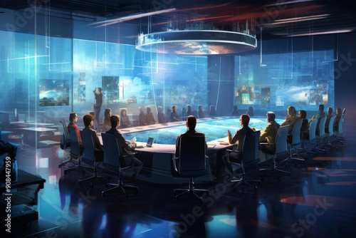 Futuristic Conference Room with Cityscape Screens