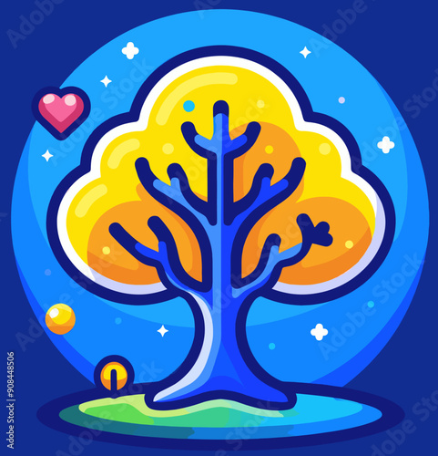 Colorful abstract tree illustration with a heart and celestial elements, representing fantasy, love, and a dreamlike atmosphere in a whimsical, artistic style.