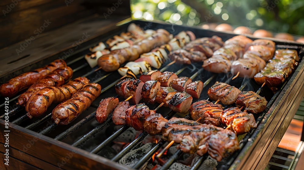 Grilled meat and vegetables on a BBQ.