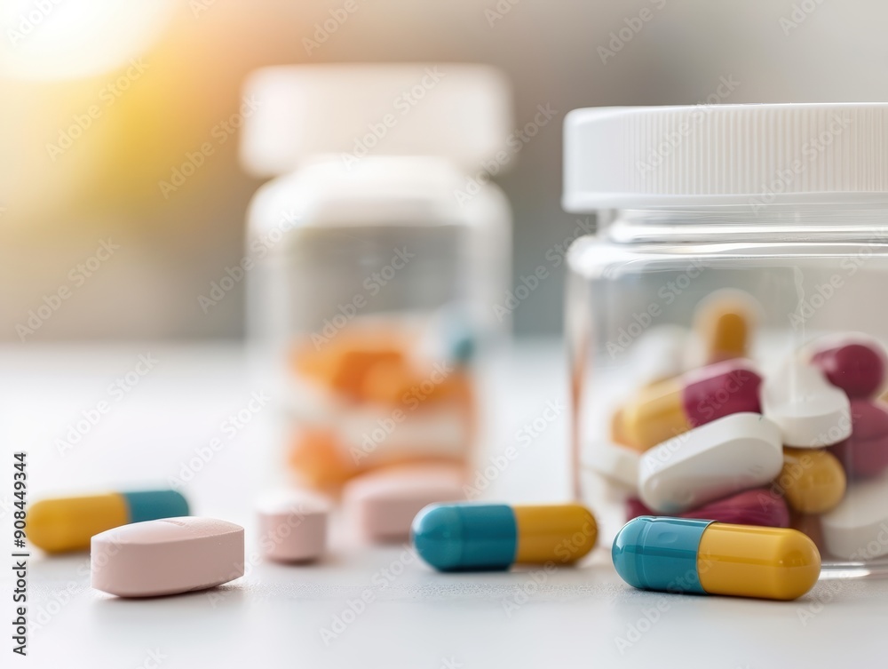 Close-up of colorful pills and capsules in jars, symbolizing health and wellness in modern medicine.